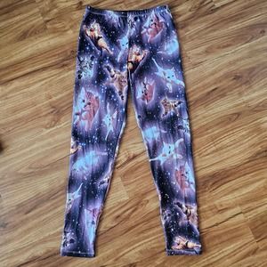 Freeze Women's XL Galaxy Space Flying Cat Blue White Stretch Fitted Leggings